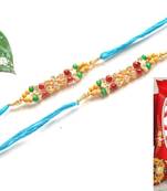 Multicolour different stone beads and metallic casting rakhi with chocolates
