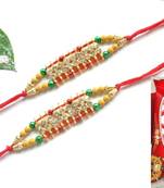 Multicolour different stone beads and metallic casting rakhi with chocolates