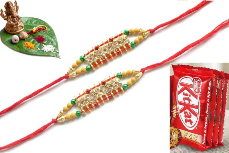 Multicolour different stone beads and metallic casting rakhi with chocolates