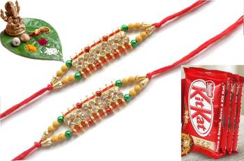 Multicolour different stone beads and metallic casting rakhi with chocolates 1