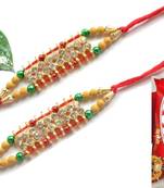Multicolour different stone beads and metallic casting rakhi with chocolates