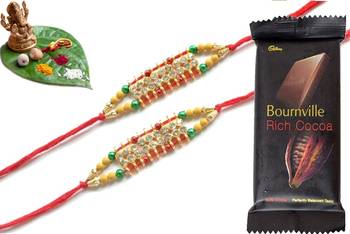 Multicolour different stone beads and metallic casting rakhi with chocolates 1