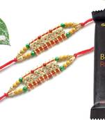 Multicolour different stone beads and metallic casting rakhi with chocolates