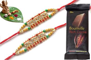 Multicolour different stone beads and metallic casting rakhi with chocolates 1