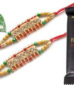 Multicolour different stone beads and metallic casting rakhi with chocolates