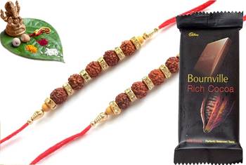 Multicolour different stone beads and metallic casting rakhi with chocolates 1