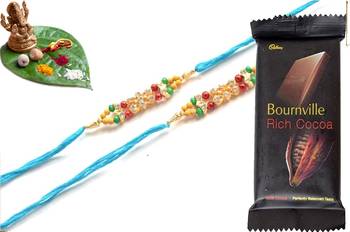 Multicolour different stone beads and metallic casting rakhi with chocolates 1