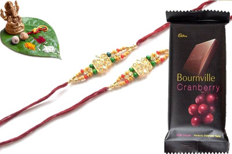 Multicolour different stone beads and metallic casting rakhi with chocolates