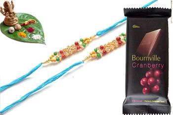 Multicolour different stone beads and metallic casting rakhi with chocolates 1