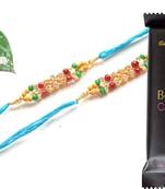Multicolour different stone beads and metallic casting rakhi with chocolates