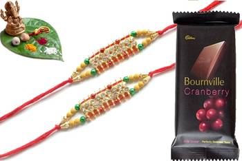 Multicolour different stone beads and metallic casting rakhi with chocolates 1