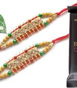 Multicolour different stone beads and metallic casting rakhi with chocolates