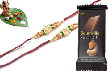 Multicolour different stone beads and metallic casting rakhi with chocolates 1