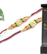 Multicolour different stone beads and metallic casting rakhi with chocolates