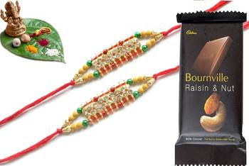 Multicolour different stone beads and metallic casting rakhi with chocolates 1