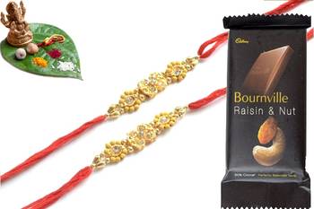 Multicolour different stone beads and metallic casting rakhi with chocolates 1