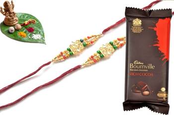 Multicolour different stone beads and metallic casting rakhi with chocolates 1
