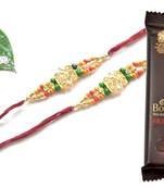 Multicolour different stone beads and metallic casting rakhi with chocolates