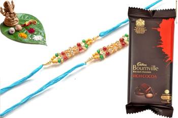 Multicolour different stone beads and metallic casting rakhi with chocolates 1