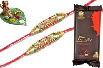 Multicolour different stone beads and metallic casting rakhi with chocolates 1