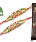 Multicolour different stone beads and metallic casting rakhi with chocolates