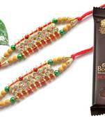 Multicolour different stone beads and metallic casting rakhi with chocolates