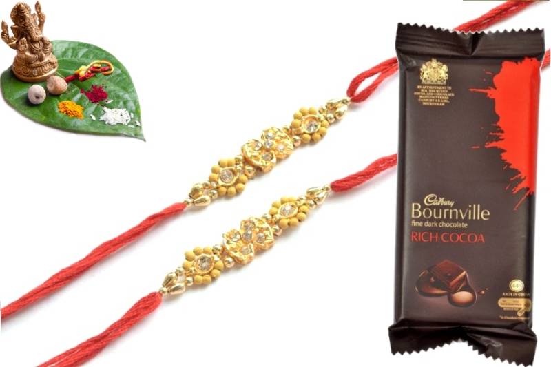 Multicolour different stone beads and metallic casting rakhi with chocolates