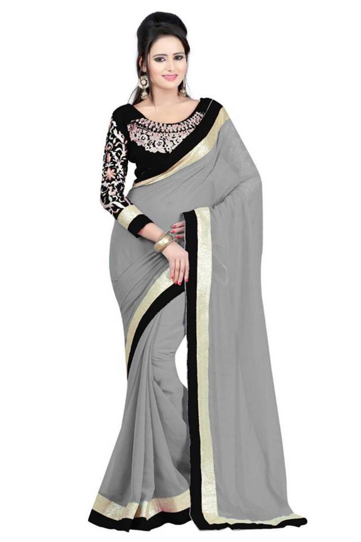 grey embroidered georgette saree With Blouse
