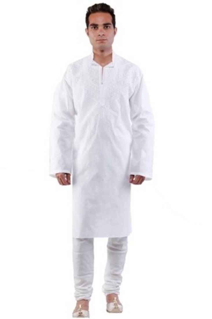 Ada White Cotton Hand Embroidered Lucknowi Chikankari Kurta For Men