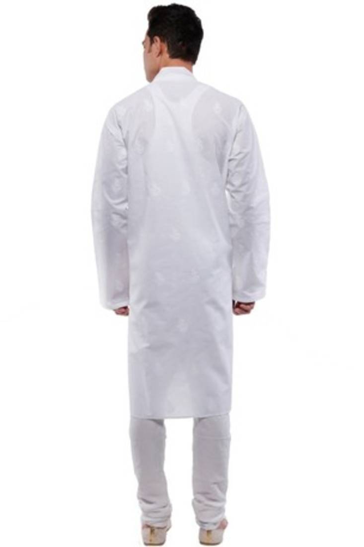 Ada White Cotton Hand Embroidered Lucknowi Chikankari Kurta For Men