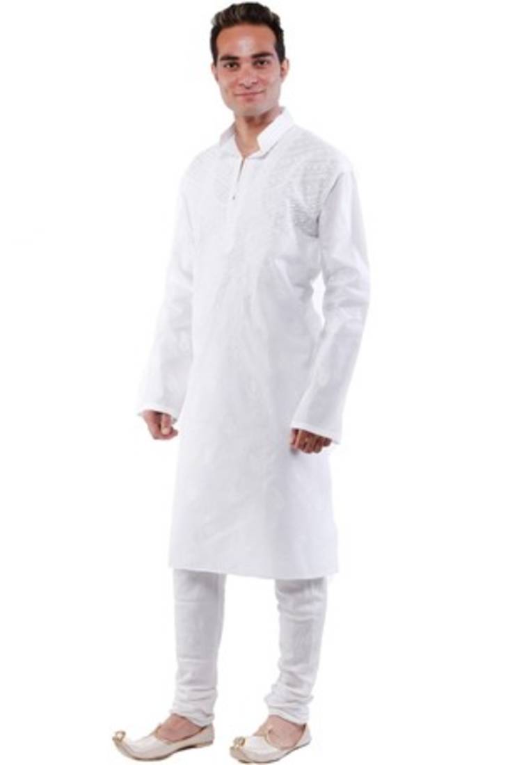 Ada White Cotton Hand Embroidered Lucknowi Chikankari Kurta For Men