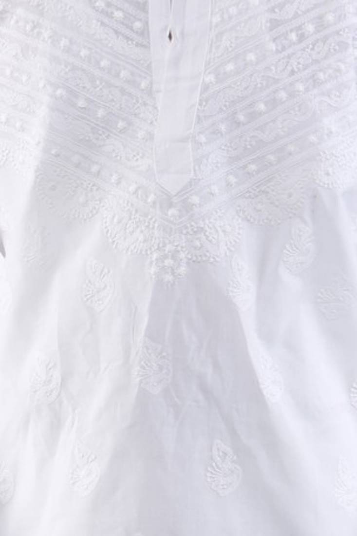 Ada White Cotton Hand Embroidered Lucknowi Chikankari Kurta For Men