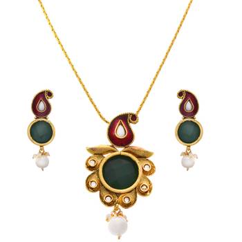 Traditional Ethnic Evergreen One Gram Gold Plated Red & Green Kaerie Pearl Designer Pendant Set for Girl and Women. 1