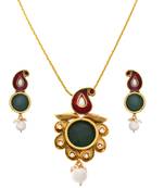 Traditional Ethnic Evergreen One Gram Gold Plated Red & Green Kaerie Pearl Designer Pendant Set for Girl and Women.