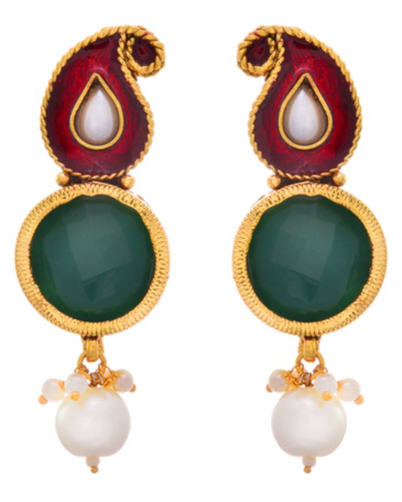 Traditional Ethnic Evergreen One Gram Gold Plated Red & Green Kaerie Pearl Designer Pendant Set for Girl and Women.