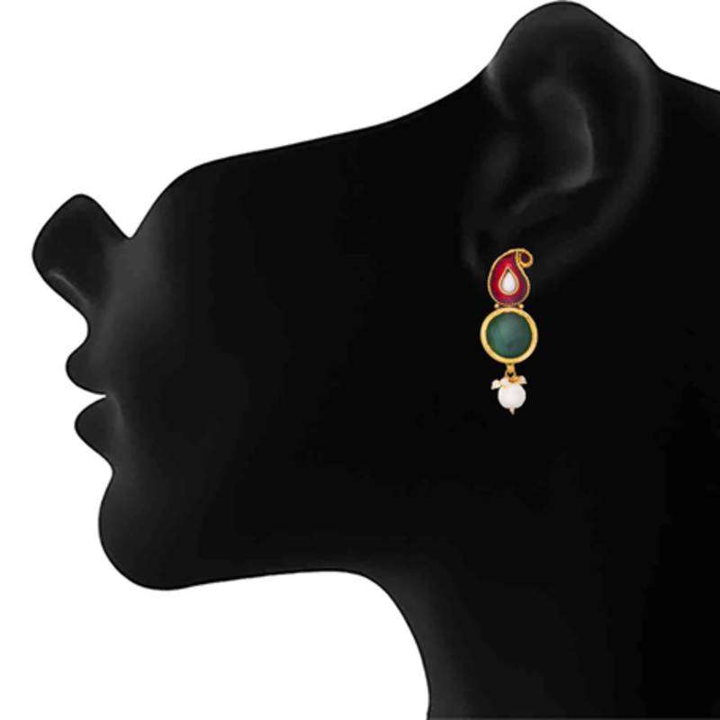 Traditional Ethnic Evergreen One Gram Gold Plated Red & Green Kaerie Pearl Designer Pendant Set for Girl and Women.