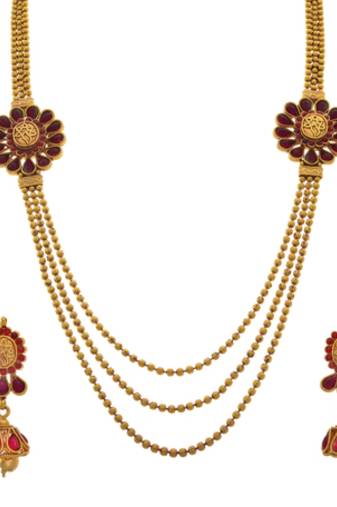 Radiant Ruby Red One Gram Gold Plated Bead Stone Designer Necklace Set with Earring for Women and Girls.