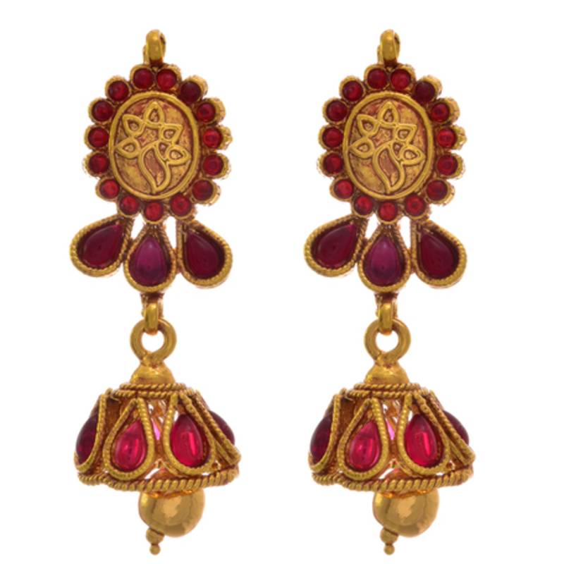 Radiant Ruby Red One Gram Gold Plated Bead Stone Designer Necklace Set with Earring for Women and Girls.