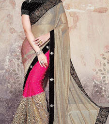 Beige And Pink Ombre Jacquard Embroidered Saree With Mirror Work main image 1