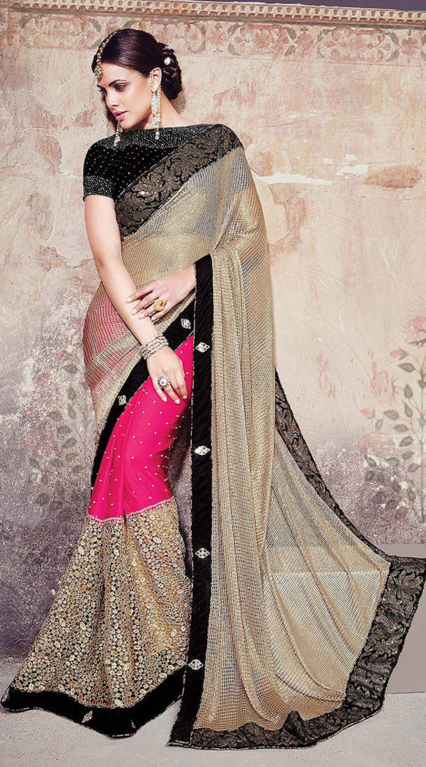 beige embroidered jacquard saree With Blouse Try n Get 1228714