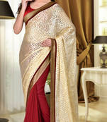 Cream And Maroon Embroidered Georgette And Brasso Saree With Blouse