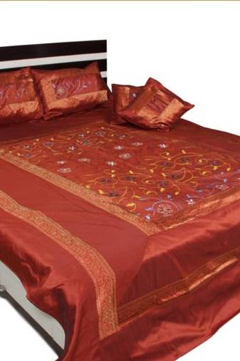 Orange Polysilk Embroidery Bedcover set