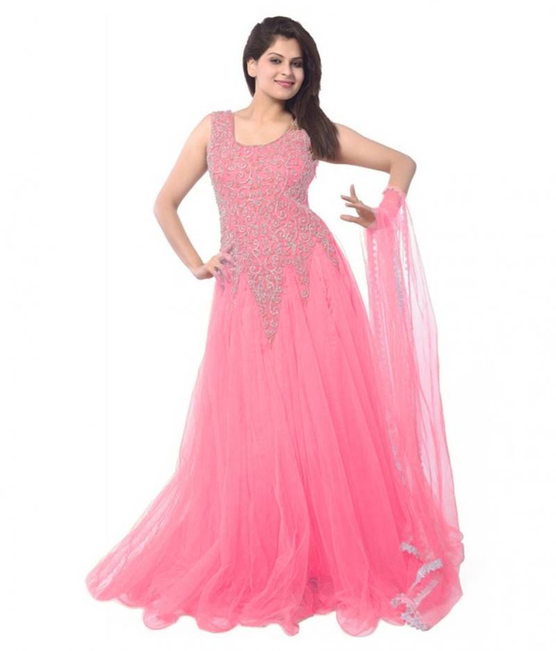 Pink embroidered soft net unstitched gown with dupatta JAYSFAB 1229480