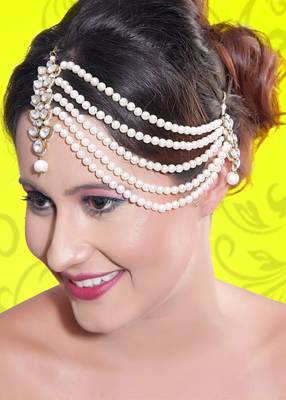 Ethnic Design 5 Line Matha Patti For Wedding Gold Finishing With Pearl And Stone In White 1