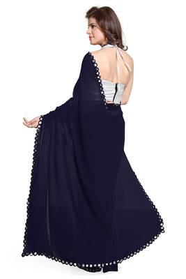 Navy_Blue Plain Georgette Saree With Blouse 2