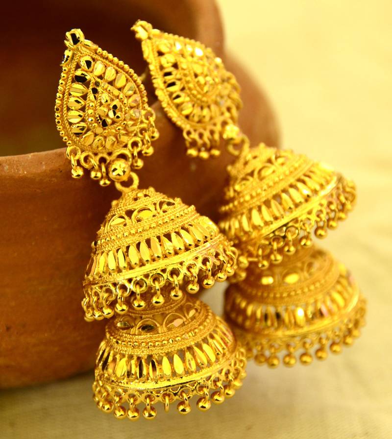 golden double jhumka earrings