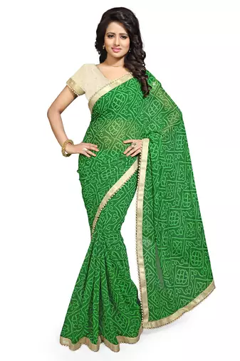 green printed georgette saree With Blouse