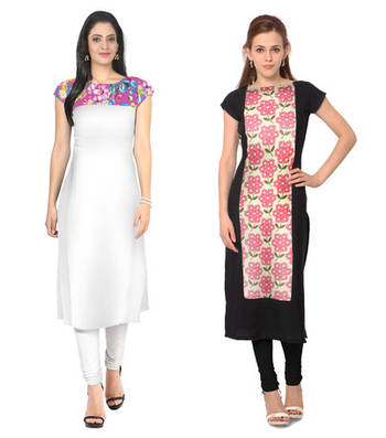 White and black faux crepe printed stitched kurti 1