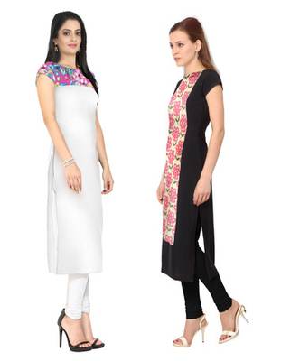 White and black faux crepe printed stitched kurti 2