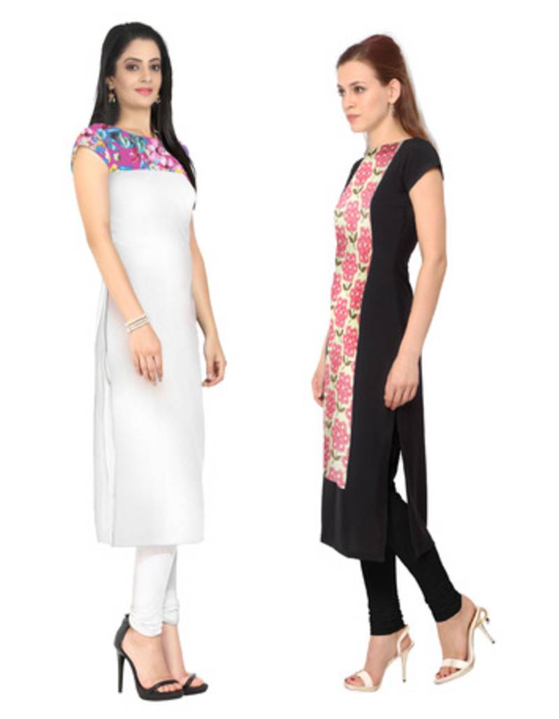 White and black faux crepe printed stitched kurti